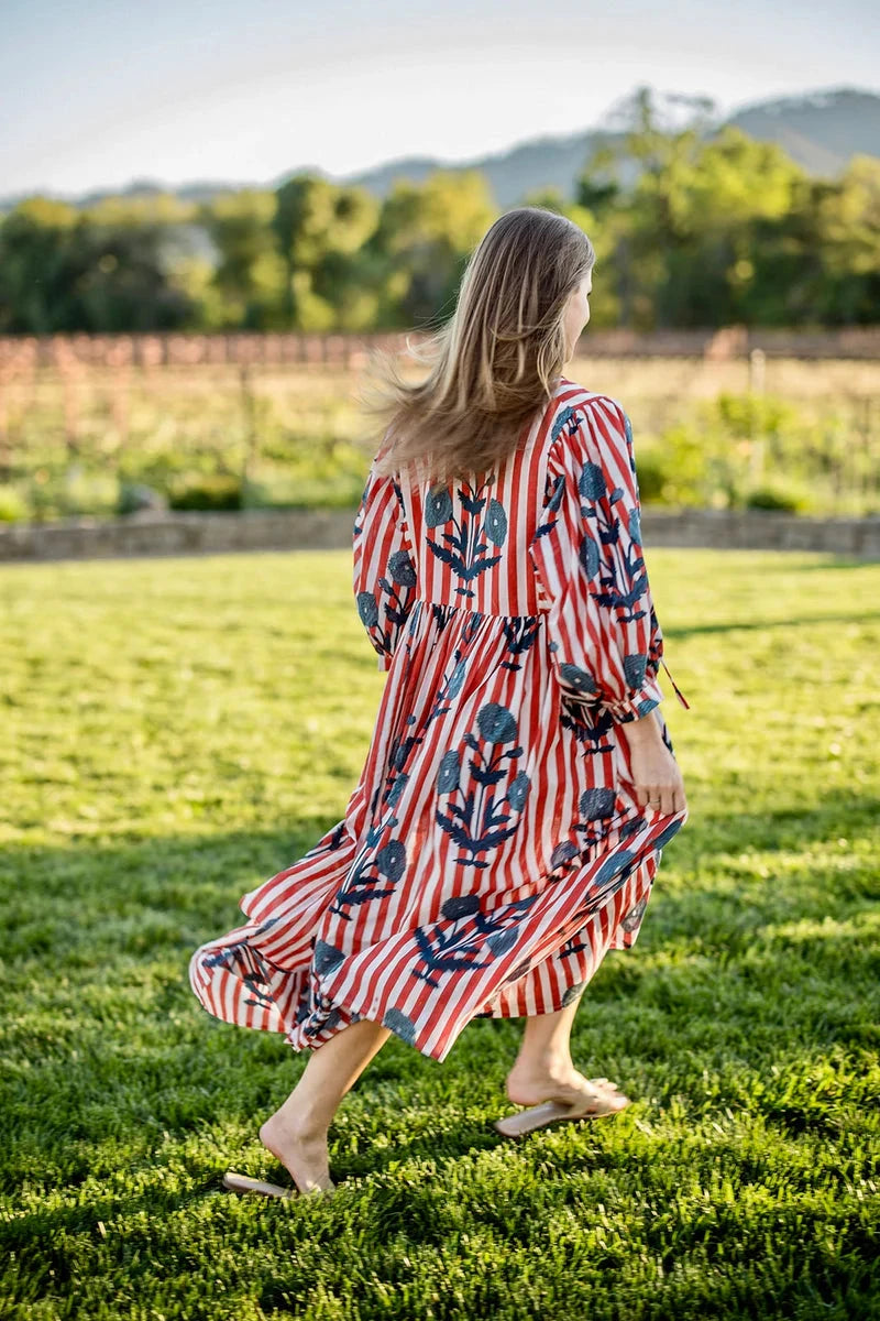 Taj Maxi Dress - Navy Flower on Red Stripe Womens Dress Maison Marigold 