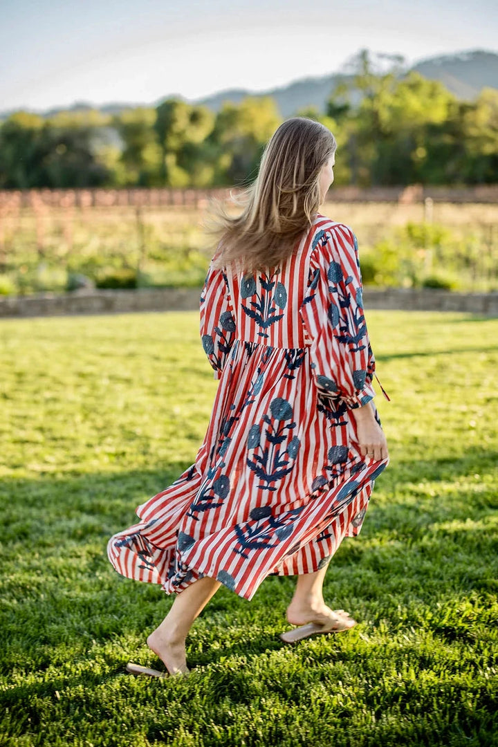Taj Maxi Dress - Navy Flower on Red Stripe Womens Dress Maison Marigold 