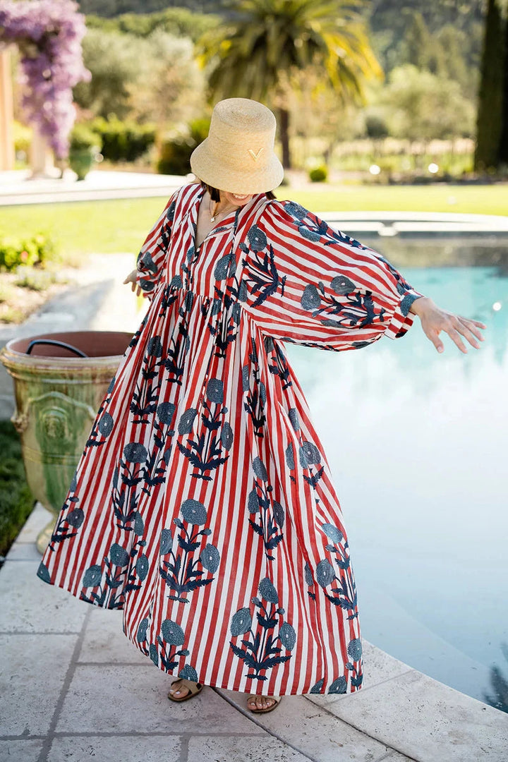 Taj Maxi Dress - Navy Flower on Red Stripe Womens Dress Maison Marigold 