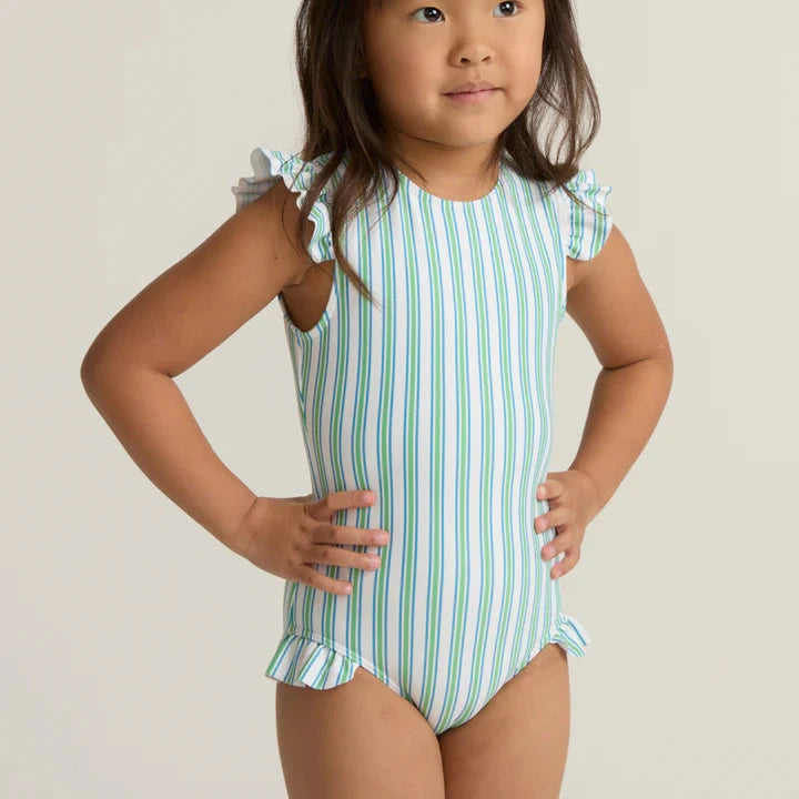 Tamarin Stripe Ruffle Sleeve Swimsuit Girl Bathing Suit Minnow 