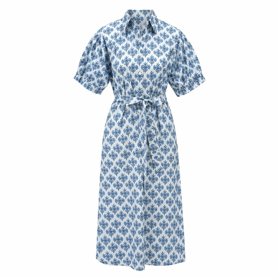 The Harbor Belted Dress - Indigo Petals Womens Dress Hibiscus Linens 