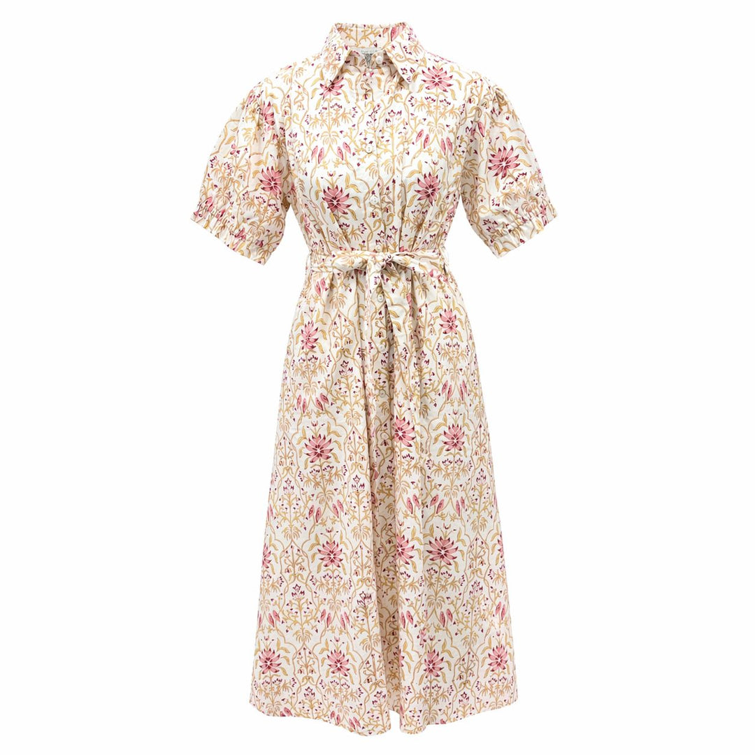 The Harbor Belted Dress - Vintage Pink Petals Womens Dress Hibiscus Linens 