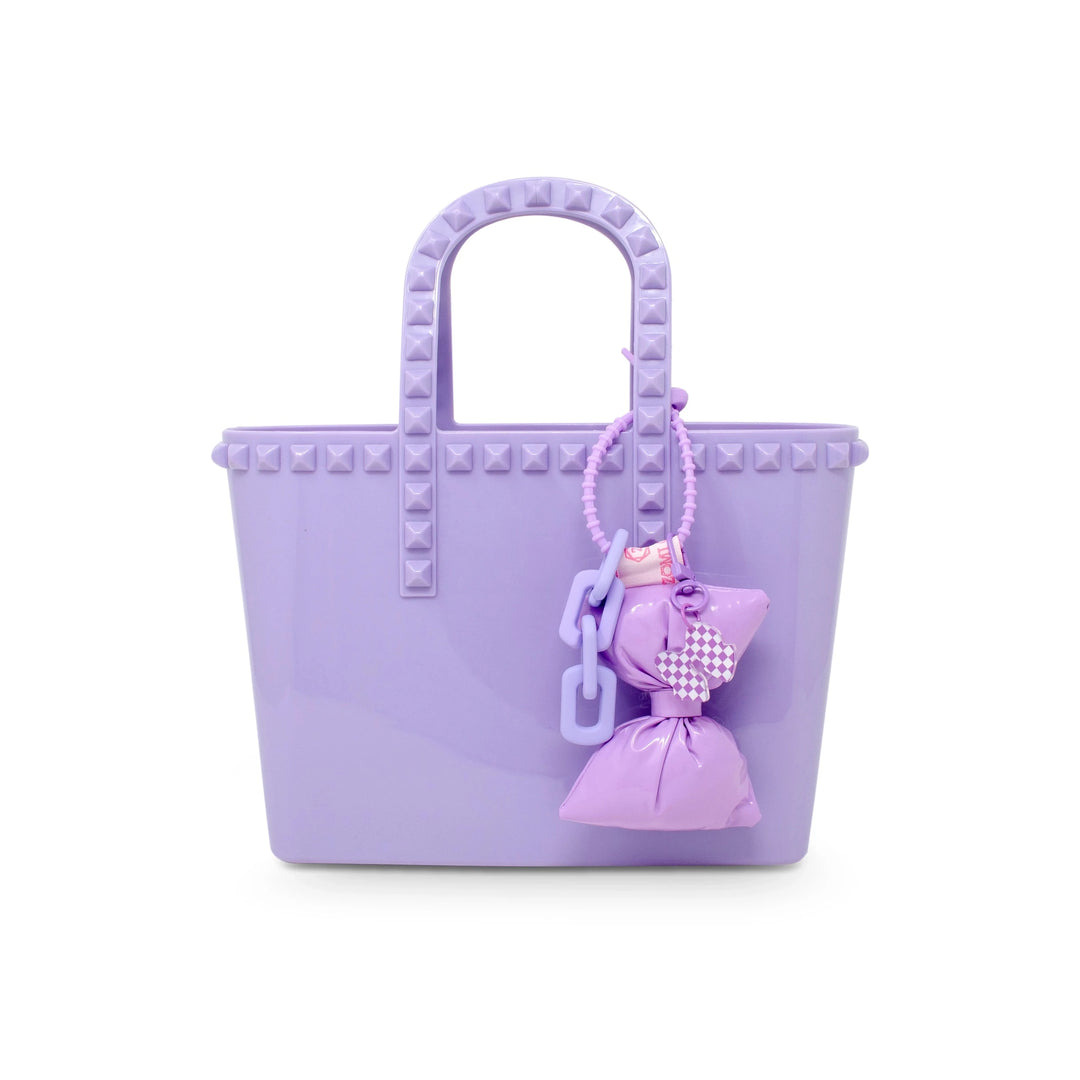Tiny Jelly Stud Tote w/ Puffy Bow Charm - Purple Girl Purse Tiny Treats and Zomi Gems 