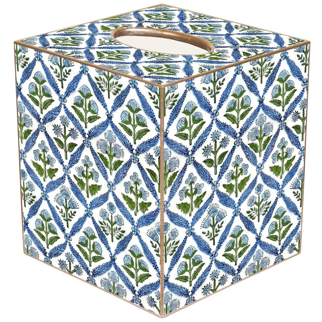 Tissue Box Cover - Blue Floral Block Print Tissue Box Covers Marye Kelley 
