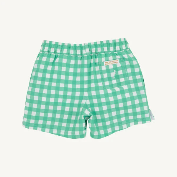 Tortola Swim Trunks - Gibson Island Green Gingham Boy Bathing Suit Beaufort Bonnet 