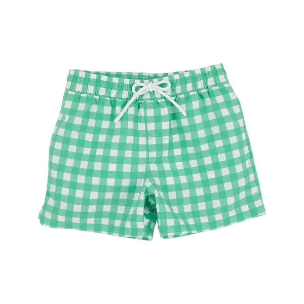 Tortola Swim Trunks - Gibson Island Green Gingham Boy Bathing Suit Beaufort Bonnet 