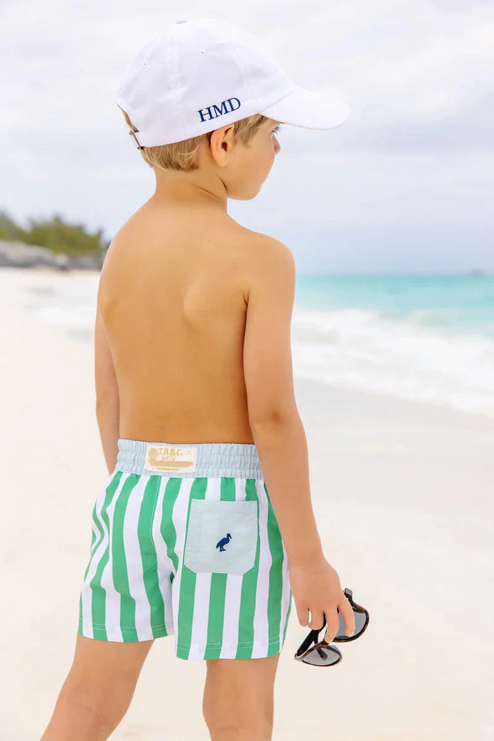 Turtle Bay Swim Trunks - Kiawah Kelly Green Stripe Boy Bathing Suit Beaufort Bonnet 
