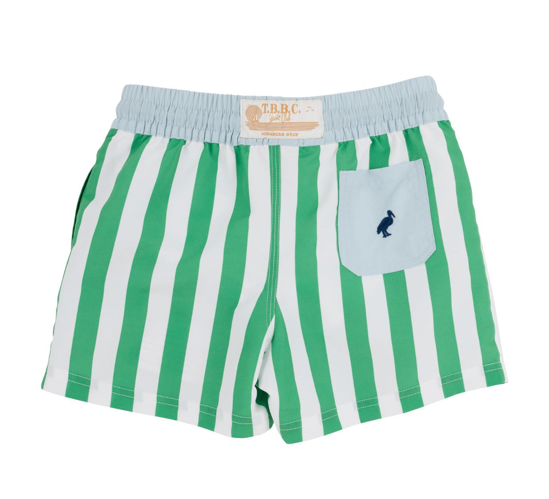 Turtle Bay Swim Trunks - Kiawah Kelly Green Stripe Boy Bathing Suit Beaufort Bonnet 