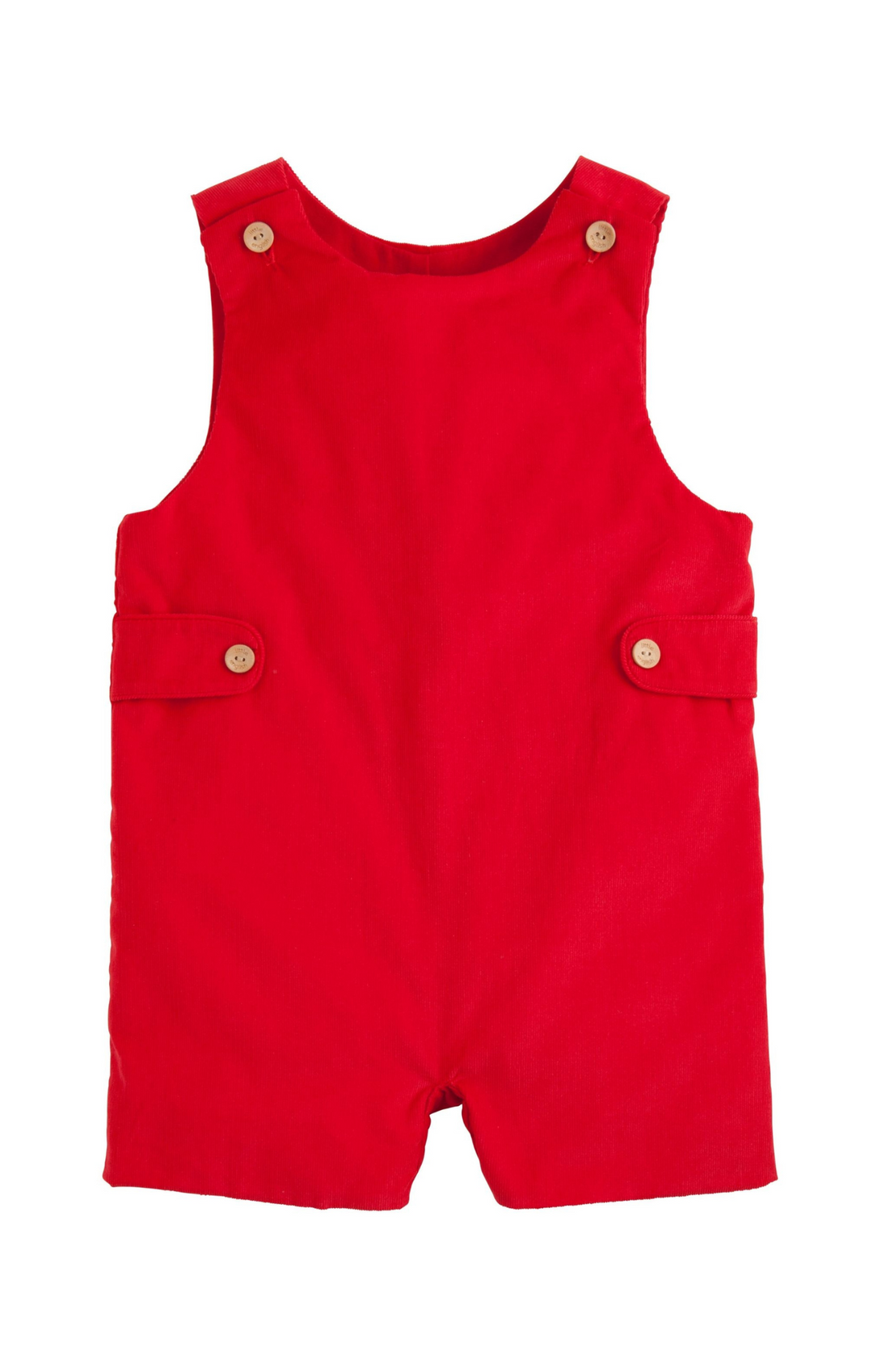 A bright red sleeveless baby romper with button details on the shoulders and waist, displayed flat against a solid white background.