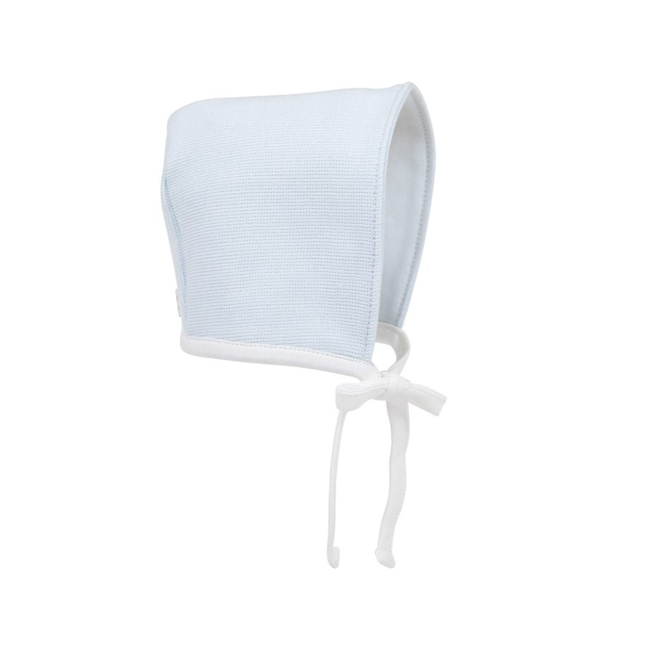 A light blue ribbed cotton bonnet with white ties, shown against a plain white background.