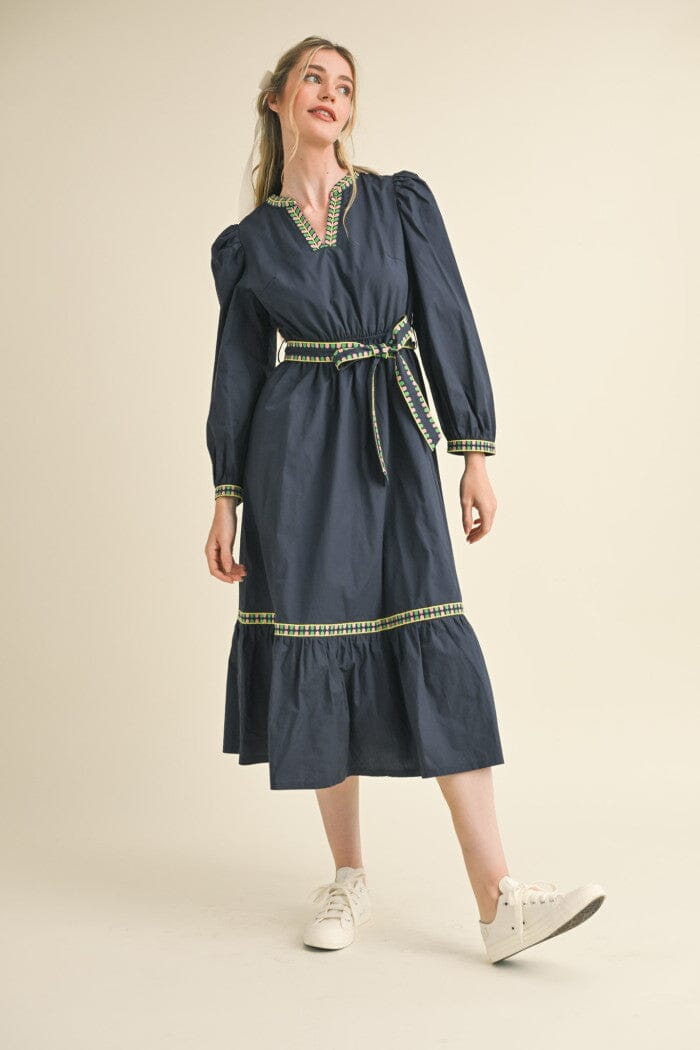 V-Neck Embroidered Midi Dress - Navy Womens Dress & Merci 