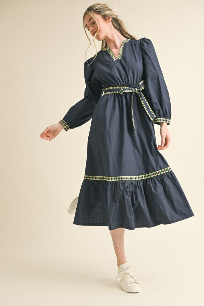 V-Neck Embroidered Midi Dress - Navy Womens Dress & Merci 