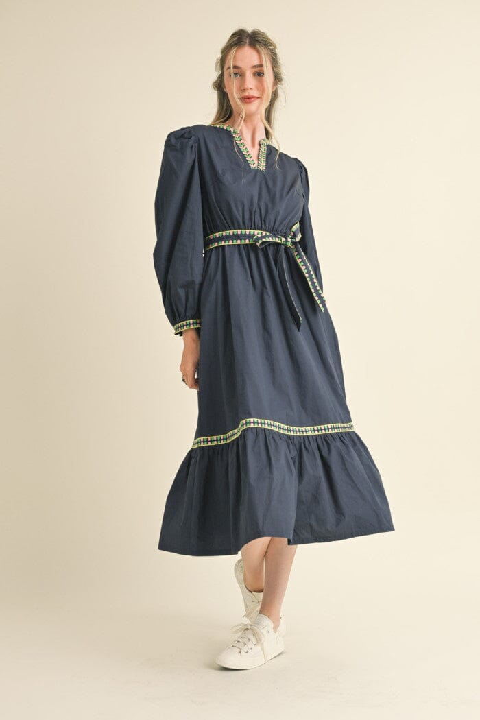 V-Neck Embroidered Midi Dress - Navy Womens Dress & Merci 