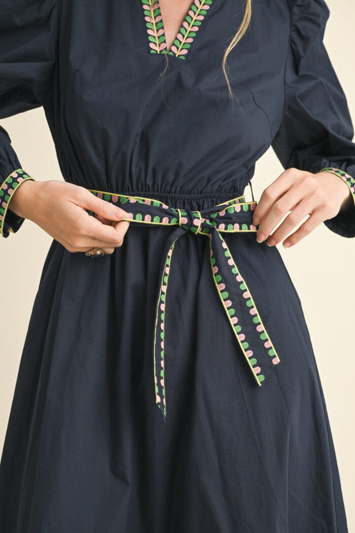V-Neck Embroidered Midi Dress - Navy Womens Dress & Merci 