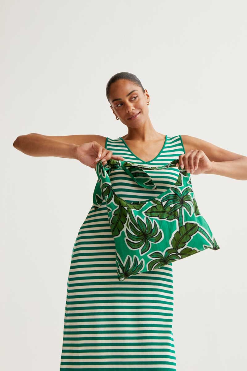 V-Neck Green and Cream Striped Maxi Womens Dress Compania Fantastica 
