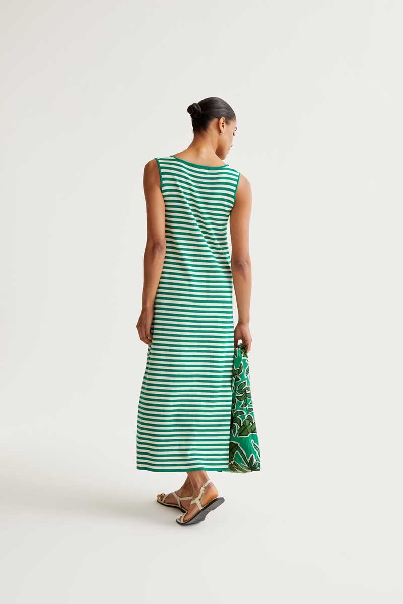 V-Neck Green and Cream Striped Maxi Womens Dress Compania Fantastica 