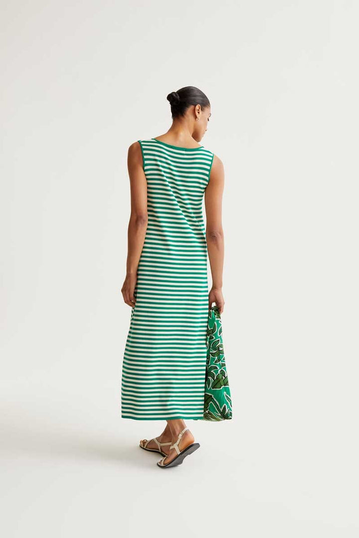 V-Neck Green and Cream Striped Maxi Womens Dress Compania Fantastica 