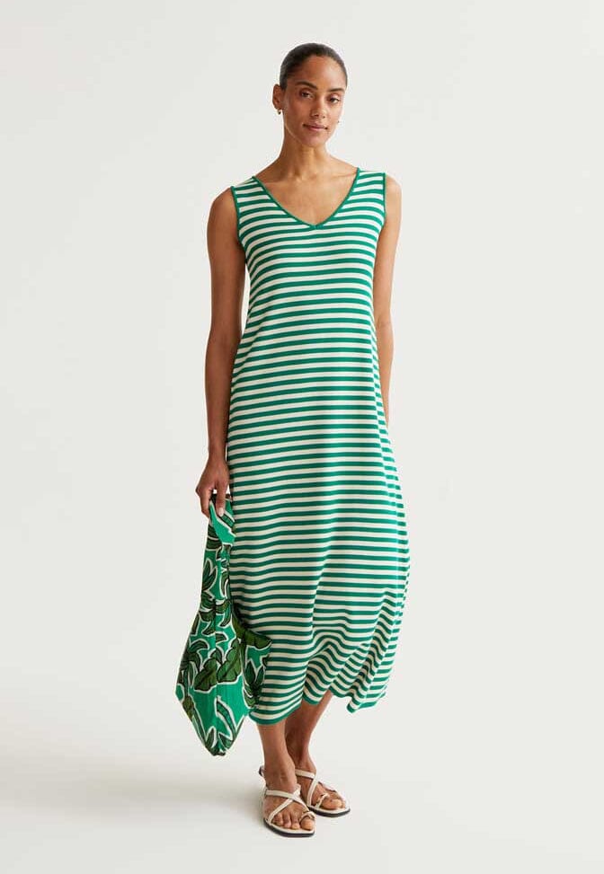 V-Neck Green and Cream Striped Maxi Womens Dress Compania Fantastica 