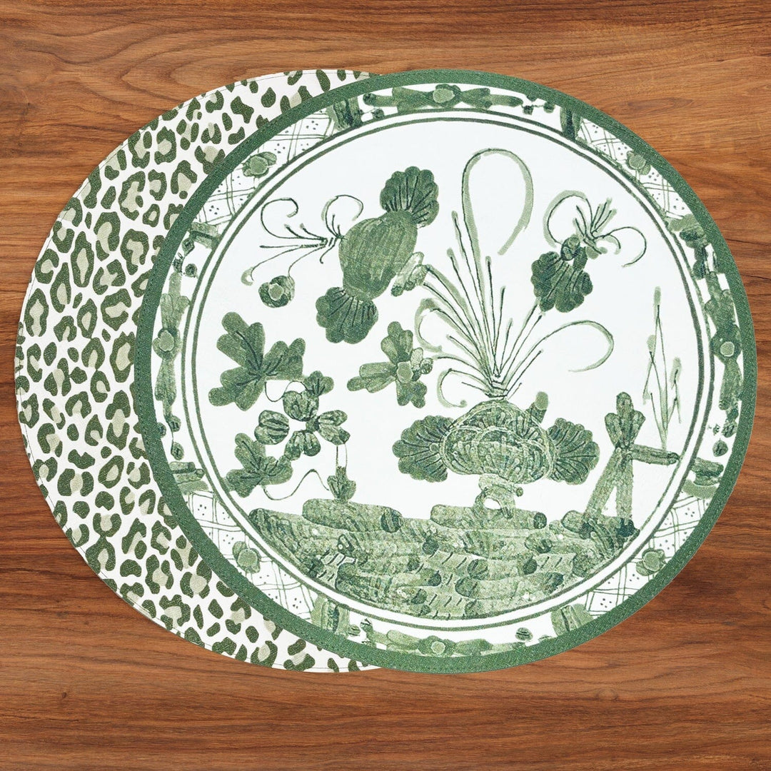 VIDA Faenza and Leopard Reversible Round Placemats - Set of 4 - White & Green Placemats Beatriz Ball 
