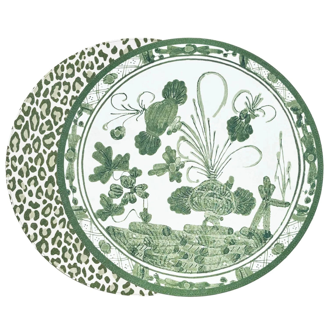 VIDA Faenza and Leopard Reversible Round Placemats - Set of 4 - White & Green Placemats Beatriz Ball 
