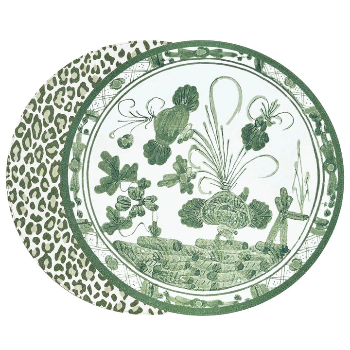 VIDA Faenza and Leopard Reversible Round Placemats - Set of 4 - White & Green Placemats Beatriz Ball 