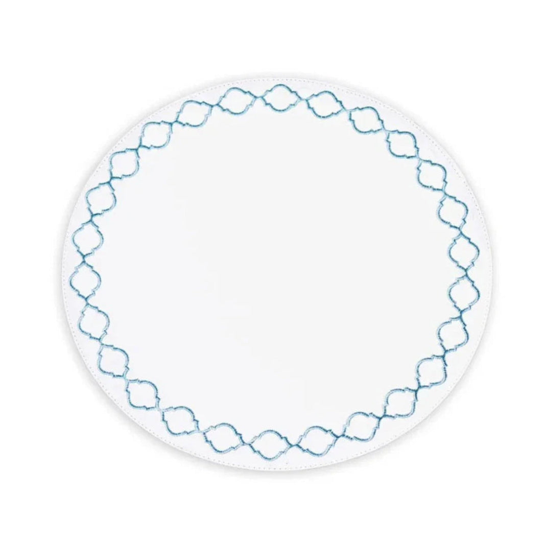 VIDA Round Embroidered Quatrefoil Round Placemats Set of 4- Blue Placemats Beatriz Ball 