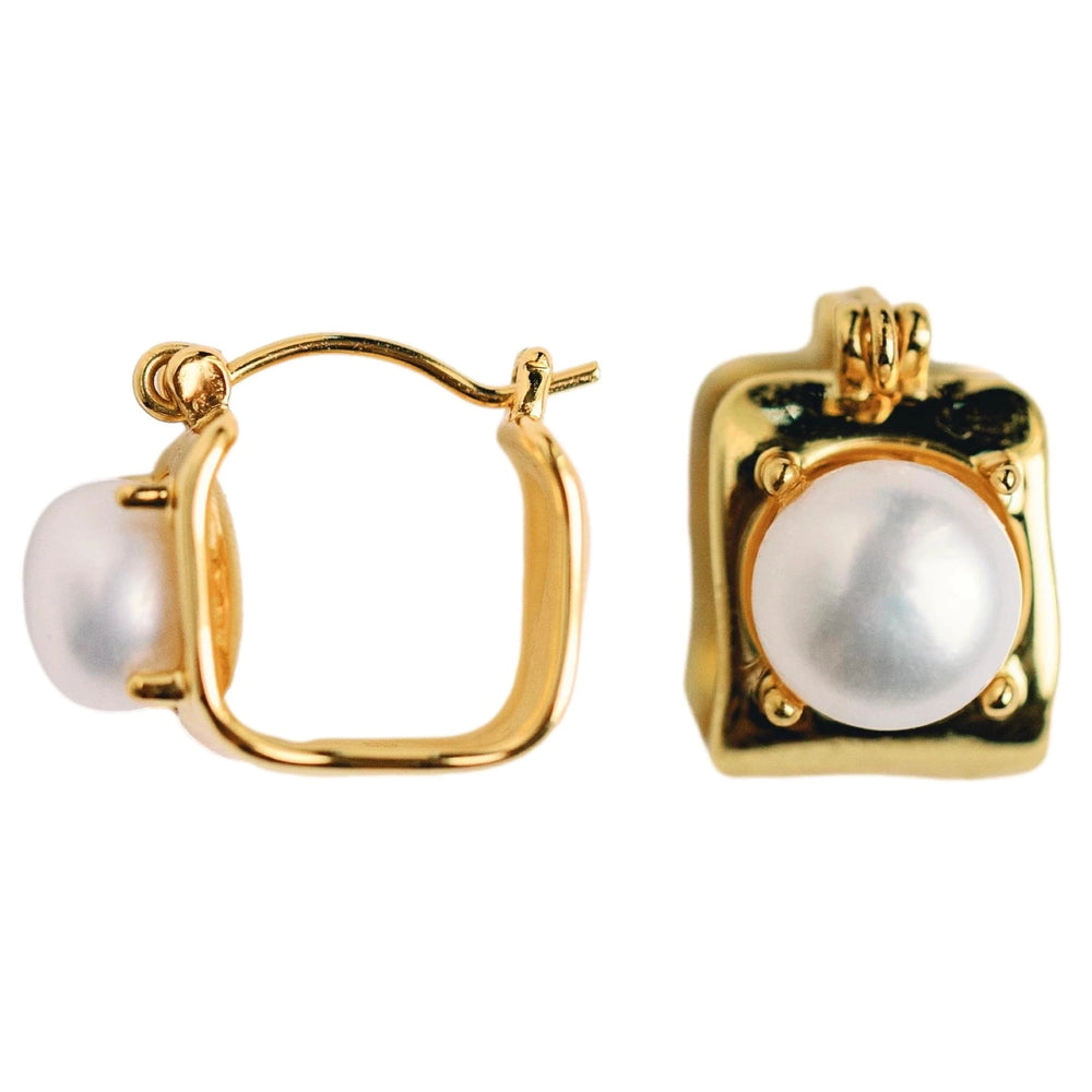 Vintage Mini Square Gold Pearl Huggie Hoop Earrings Womens Earrings St. Armands Designs 