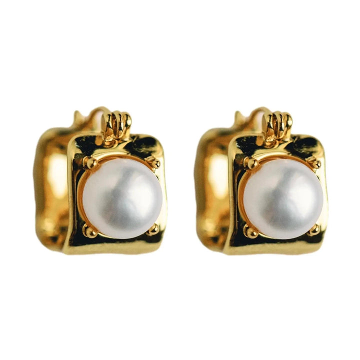 Vintage Mini Square Gold Pearl Huggie Hoop Earrings Womens Earrings St. Armands Designs 
