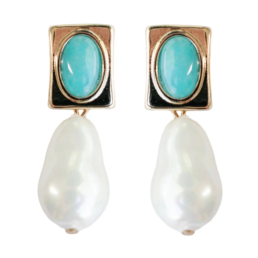 Vintage Square Turquoise and Natural Pearl Drop Earrings Womens Earrings St. Armands Designs 