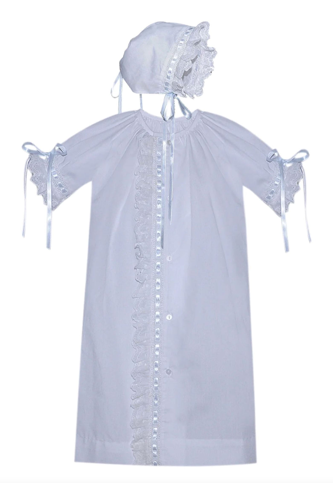 White Finn Daygown with Eyelet Lace and Blue Ribbon Girl Gown Remember Nguyen - Baby Sen 