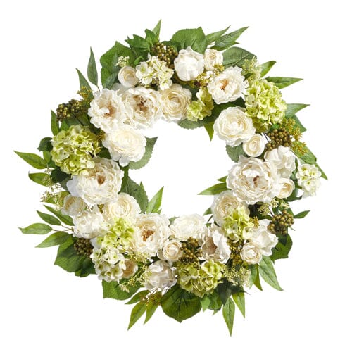 White Peony, Ranunculus and Geranium Wreath Home Decor RAZ 