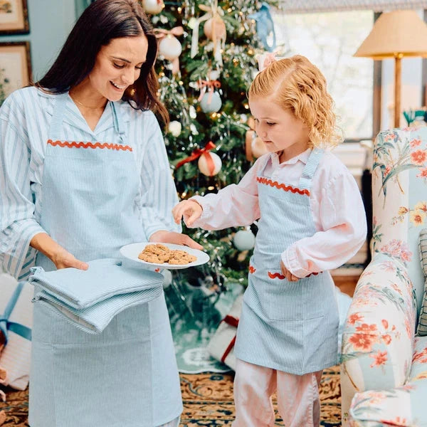 Women's Apron - Blue/White Stripe with Red Rick Rack Apron Weezie 