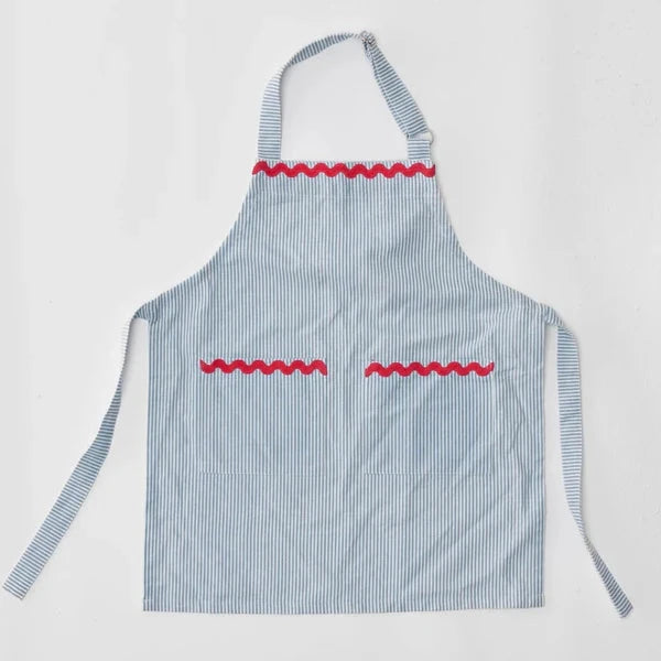 Women's Apron - Blue/White Stripe with Red Rick Rack Apron Weezie 