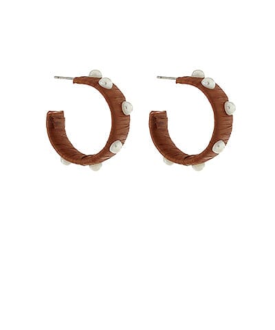 Wrapped Raffia Pearl Station Hoops Womens Earrings Golden Stella Brown 