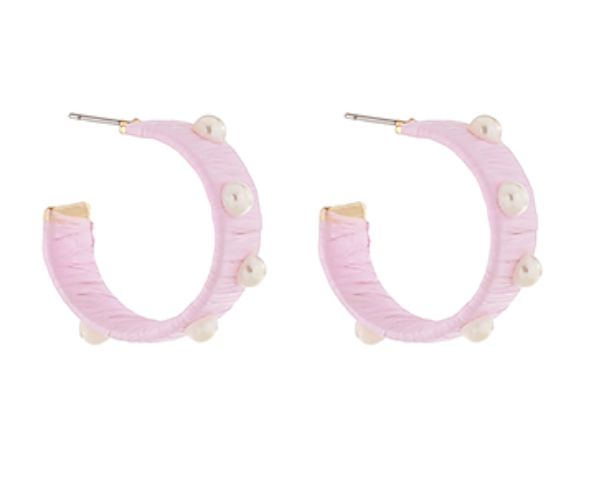 Wrapped Raffia Pearl Station Hoops Womens Earrings Golden Stella Light Pink 