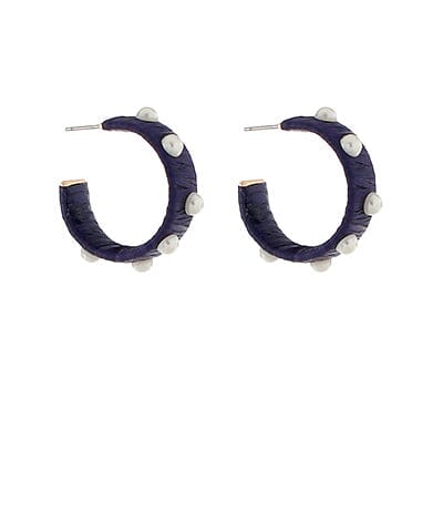 Wrapped Raffia Pearl Station Hoops Womens Earrings Golden Stella Navy 
