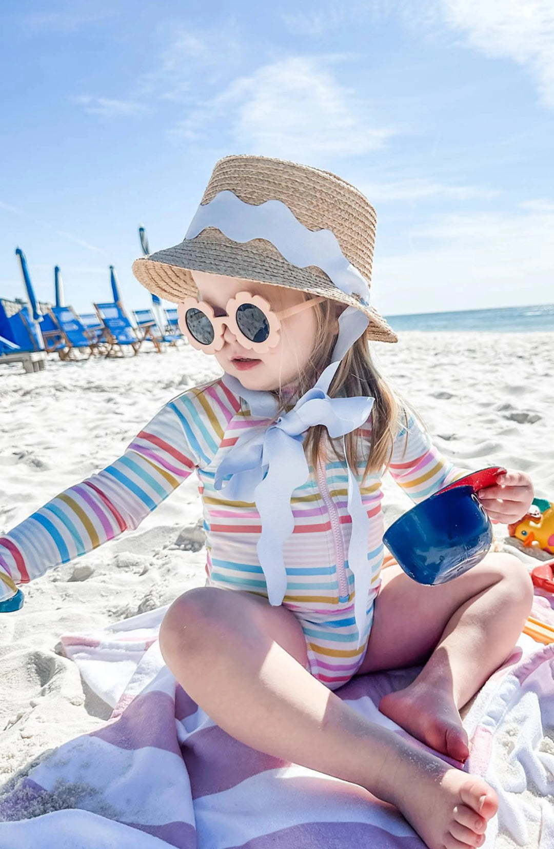 Youth Harbor Hat - Blue Scalloped Ribbon Child Sun Hat Bits & Bows 