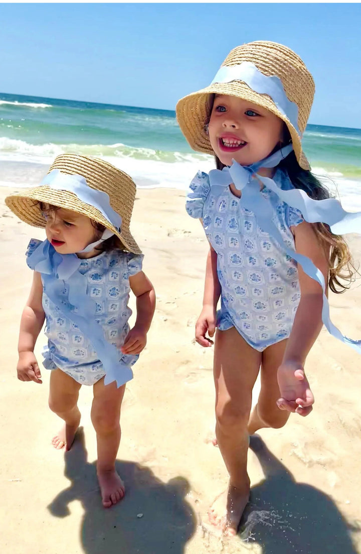 Youth Harbor Hat - Blue Scalloped Ribbon Child Sun Hat Bits & Bows 