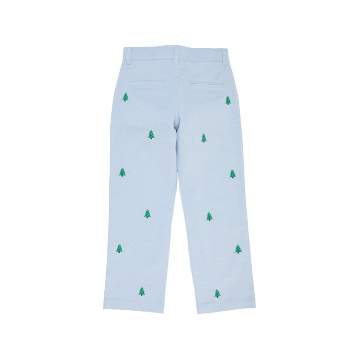 Light blue trousers with small green pine tree motifs scattered across the front, shown flat against a white background.