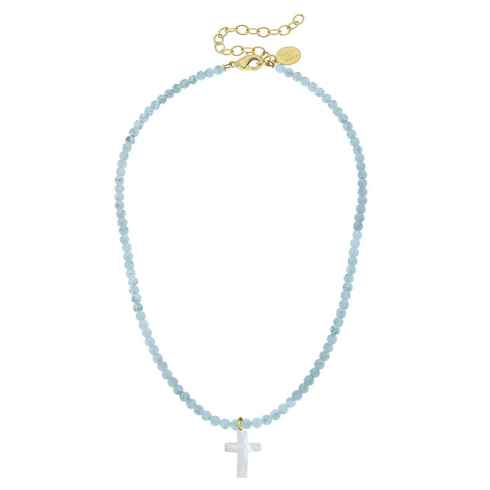 Alys Pearl Cross Necklace - Light Blue Necklace Susan Shaw 