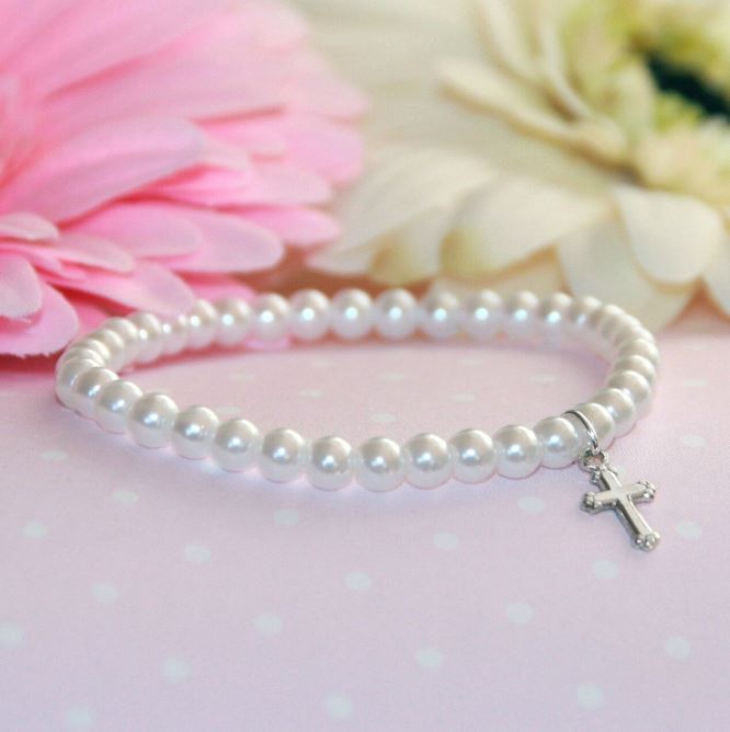 Baby Jewelry Jewelry Collectables America 5" Pearl Bracelet with Silver Cross 