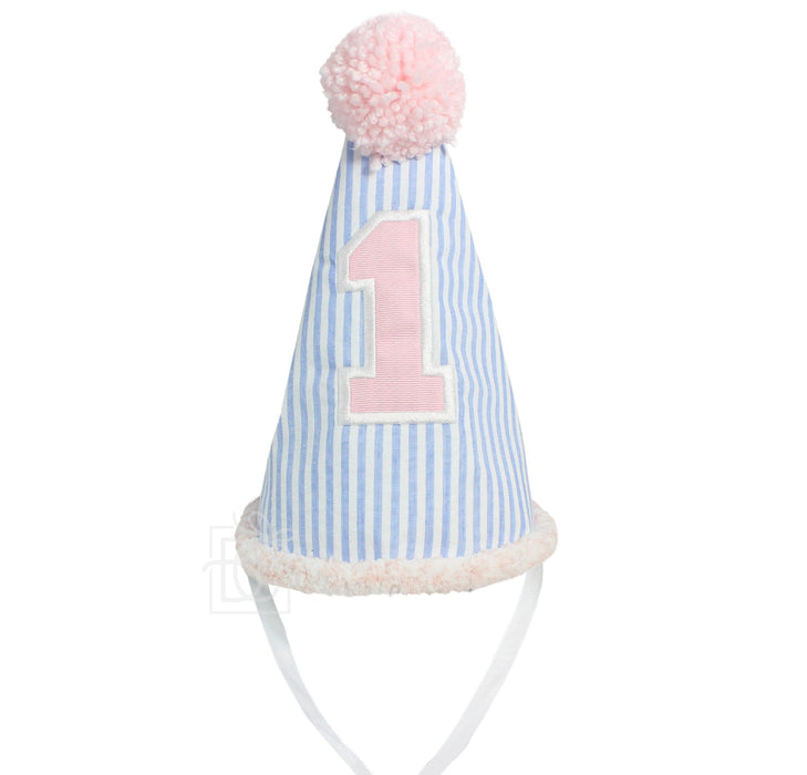 Birthday Hat - Light Blue Seersucker with Pink #1 Birthday Hat Beyond Creations 