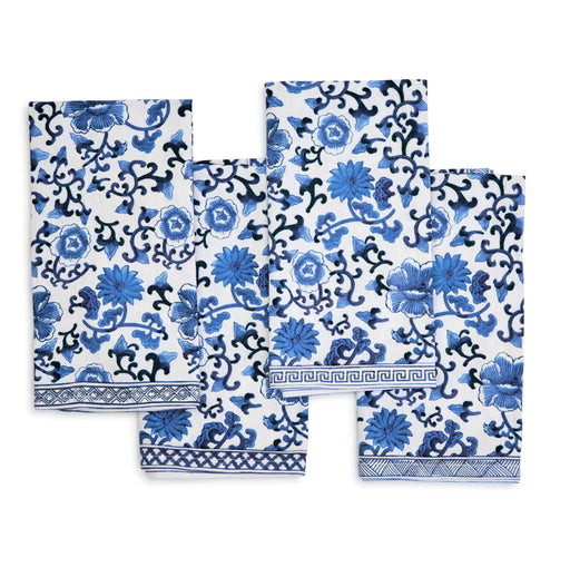 Chinoiserie Set of 4 Blue and White Floral Pattern Napkins Dinner Napkins Two's Company 