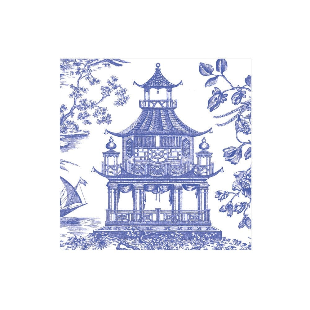 Chinoiserie Toile Pagoda Boxed Cocktail Napkins in Blue - 40 Per Box Paper Napkins Caspari 