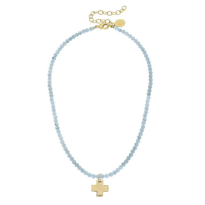 Dainty Beaded Cross Necklace - Light Blue Necklace Susan Shaw 