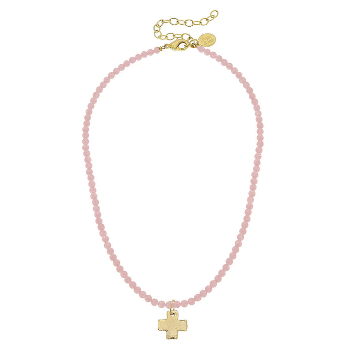 Dainty Beaded Cross Necklace - Light Pink Necklace Susan Shaw 