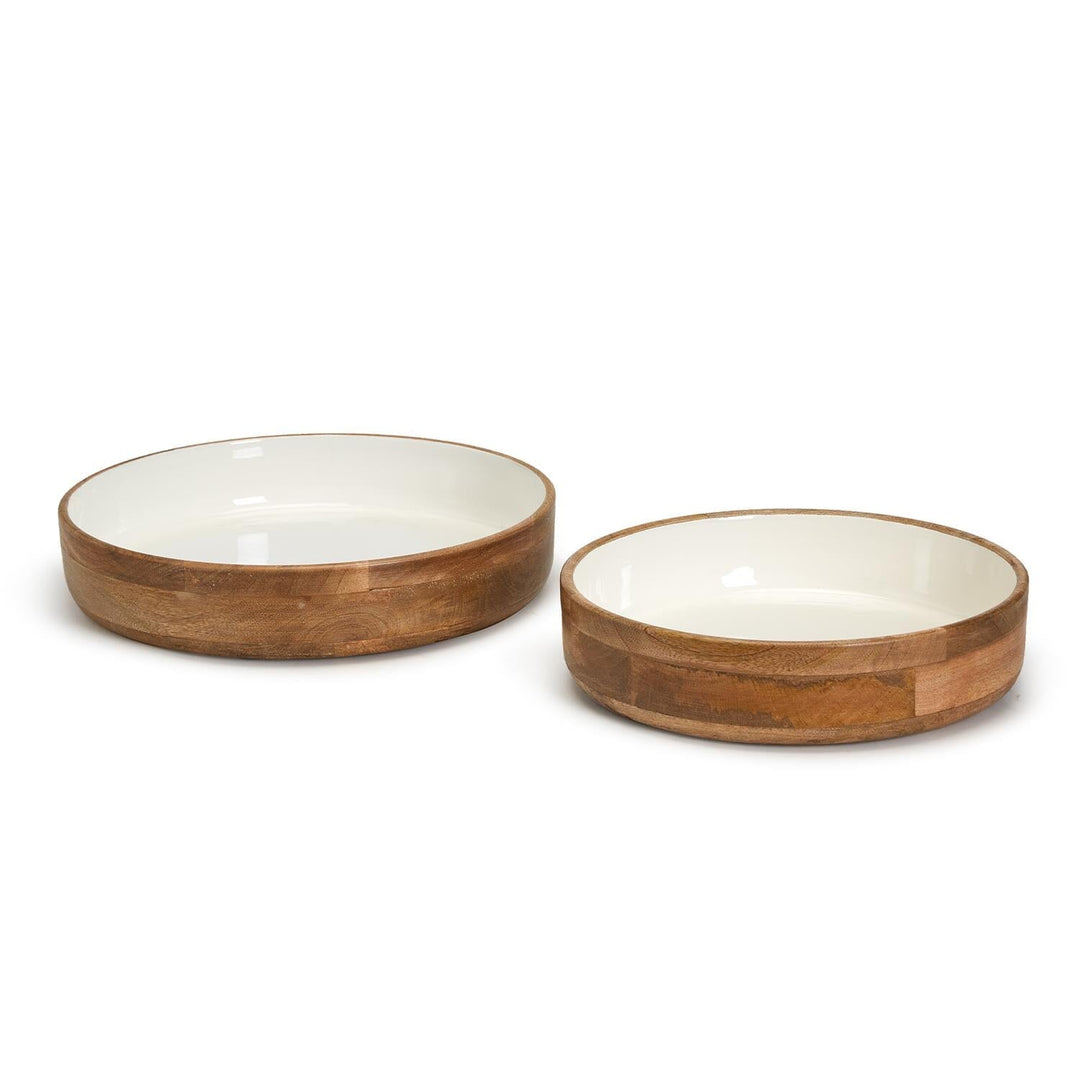 Hand-Crafted Wood Round Pedestal Bowls with White Enamel Serving Piece Two's Company 