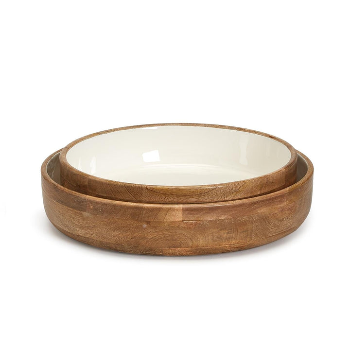 Hand-Crafted Wood Round Pedestal Bowls with White Enamel Serving Piece Two's Company 