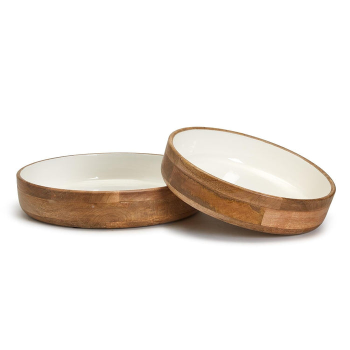 Hand-Crafted Wood Round Pedestal Bowls with White Enamel Serving Piece Two's Company 