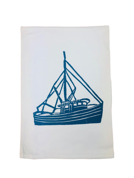 Hand Printed Kitchen Flour Sack Towels Kitchen Towel Low Country Linens Shrimp Boat in Denim 